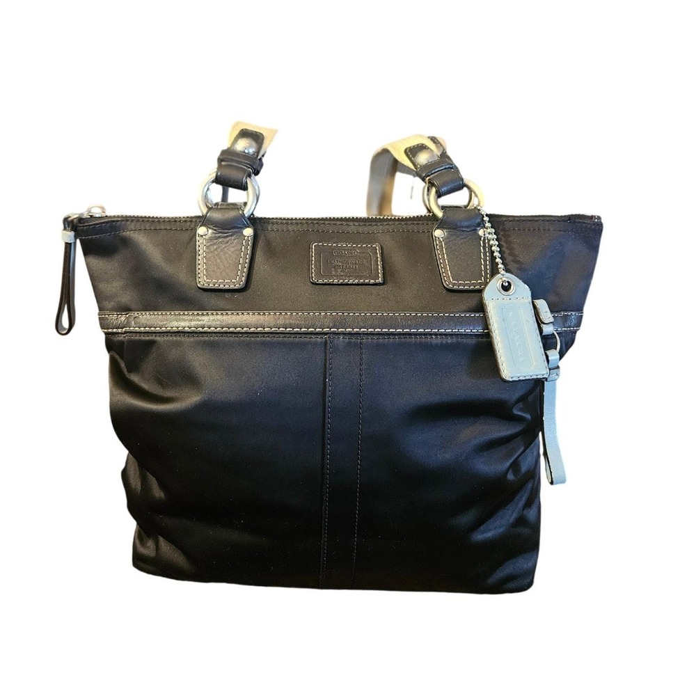 Coach Hamptons Weekend Black‎ Nylon Tote Blue Leather Trim M0749-11745 Bag